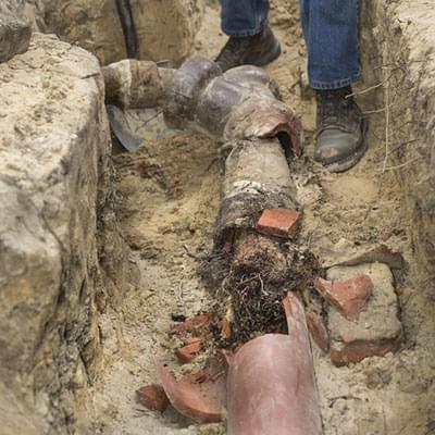 Excavated broken sewer line