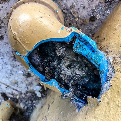 Exposed clogged sewer line